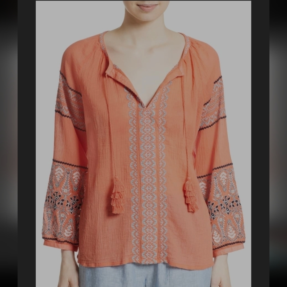 Joie Women's Nelida V-Neck Tassel Ties Embroidered Cotton Peasant Top. Size Medi - Picture 2 of 9